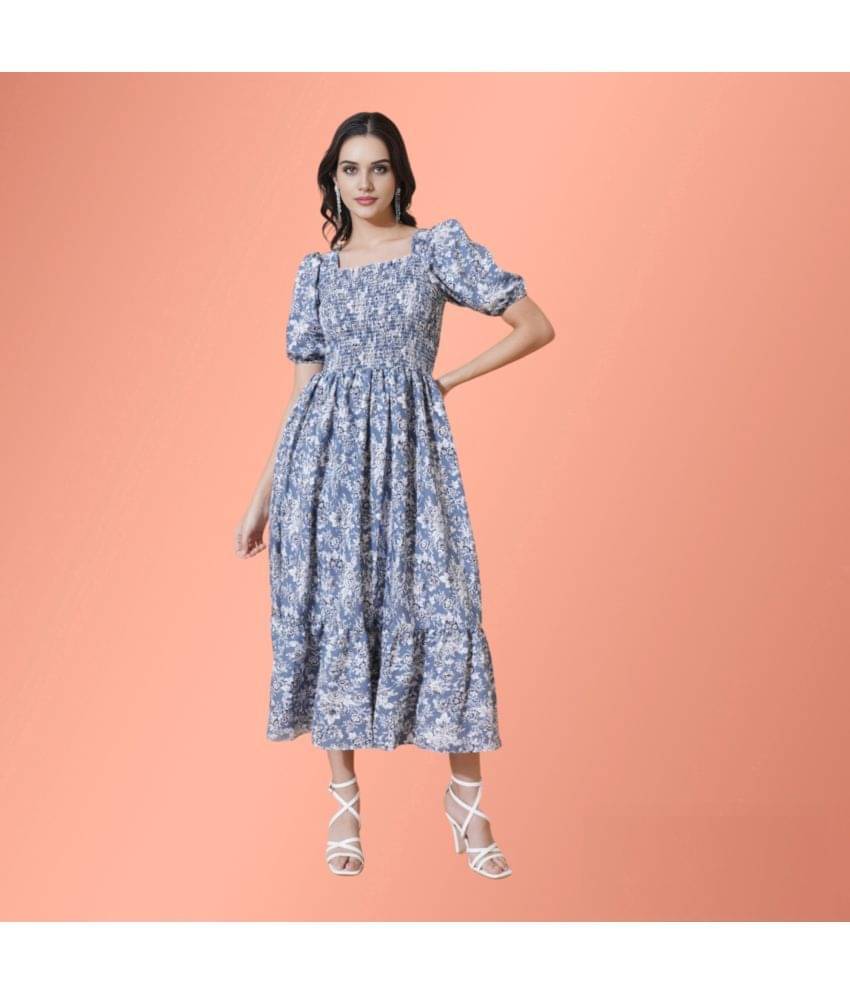 Krunal Raiyani Women Polyester Printed Fit & Flare Dress ( Blue )     			Krunal Raiyani Women Polyester Printed Fit & Flare Dress ( Blue )