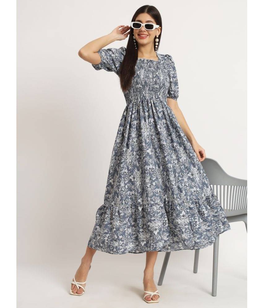 Krunal Raiyani Women Polyester Printed Fit & Flare Dress ( Blue ) Krunal Raiyani Women Polyester Printed Fit & Flare Dress ( Blue )