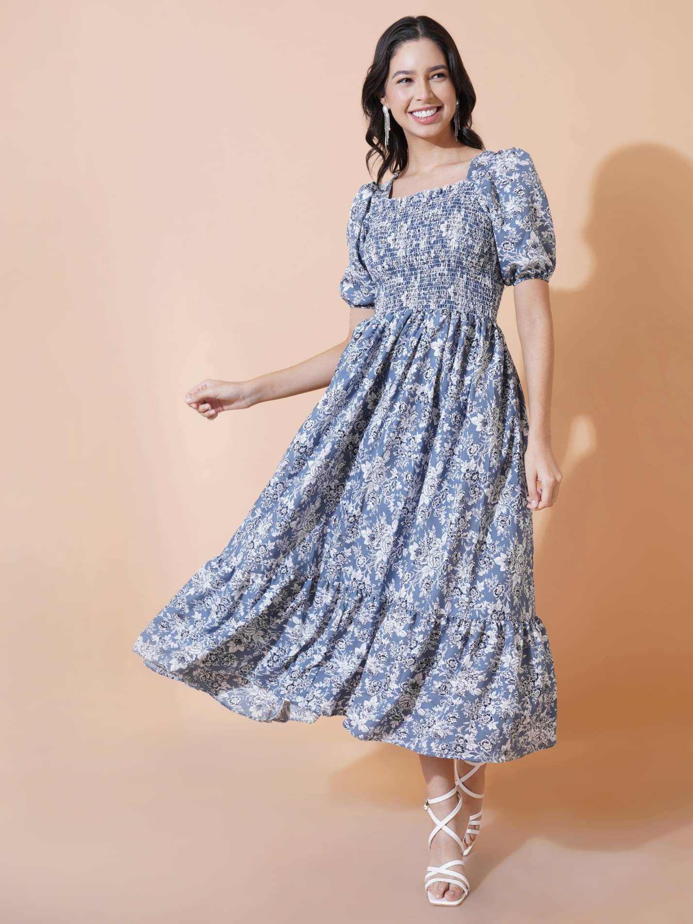 Krunal Raiyani Women Polyester Printed Fit & Flare Dress ( Blue ) Krunal Raiyani Women Polyester Printed Fit & Flare Dress ( Blue )