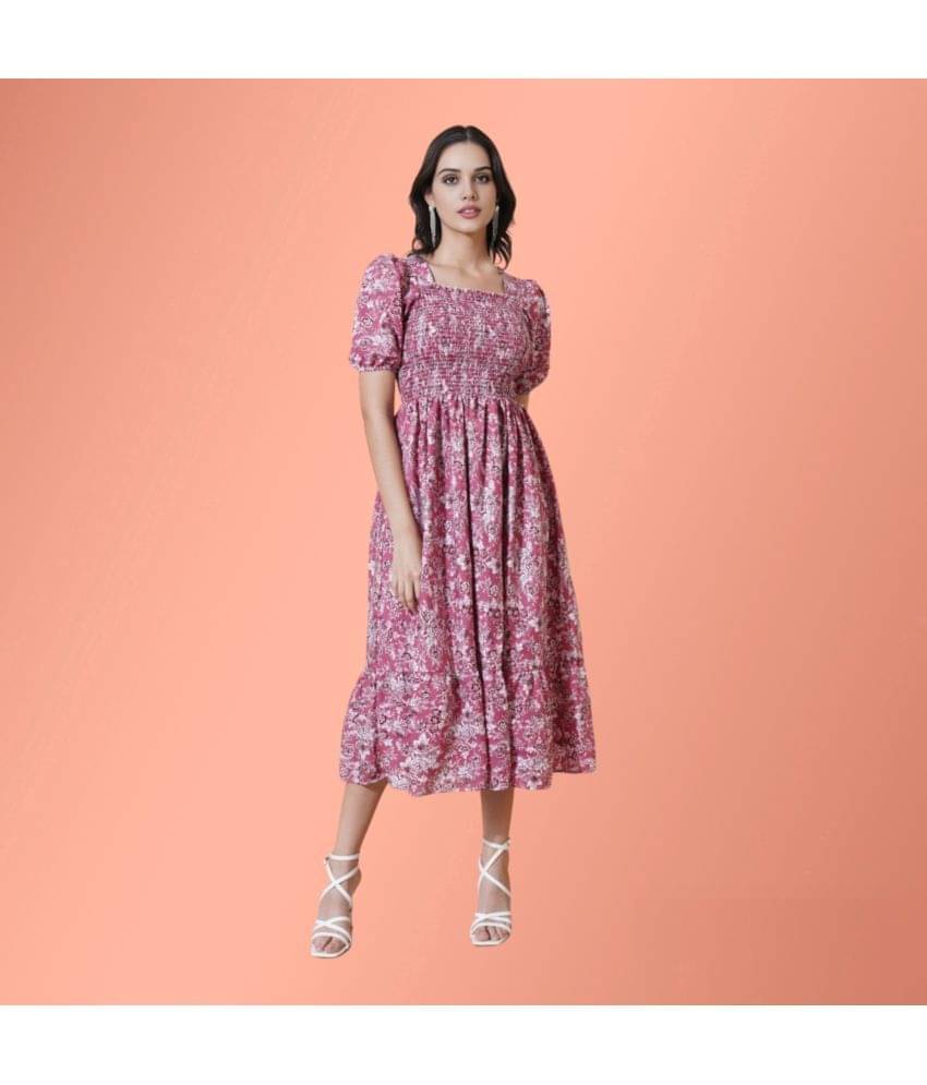 Krunal Raiyani Women Polyester Printed Fit & Flare Dress ( Pink ) Krunal Raiyani Women Polyester Printed Fit & Flare Dress ( Pink )