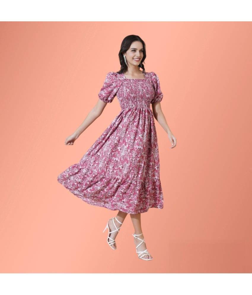 Krunal Raiyani Women Polyester Printed Fit & Flare Dress ( Pink ) Krunal Raiyani Women Polyester Printed Fit & Flare Dress ( Pink )