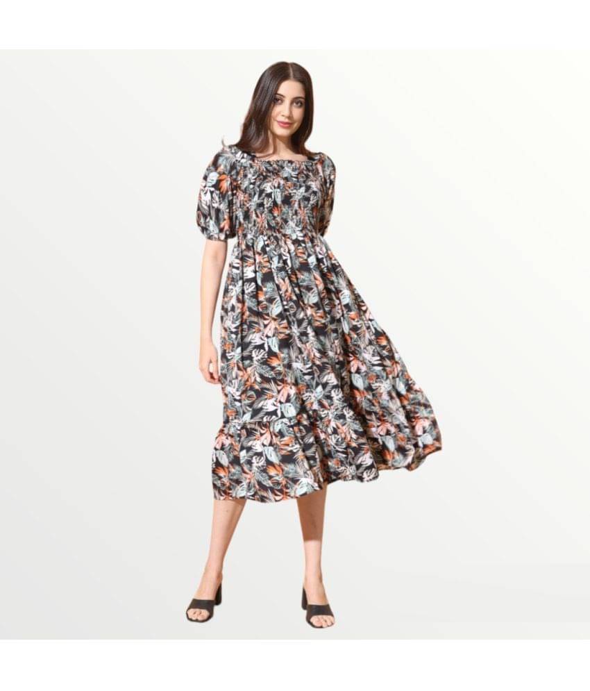 Krunal Raiyani Women Polyester Printed Fit & Flare Dress ( Black ) Krunal Raiyani Women Polyester Printed Fit & Flare Dress ( Black )