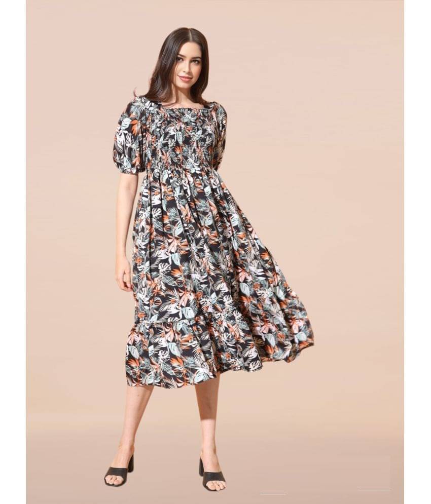 Krunal Raiyani Women Polyester Printed Fit & Flare Dress ( Black ) Krunal Raiyani Women Polyester Printed Fit & Flare Dress ( Black )