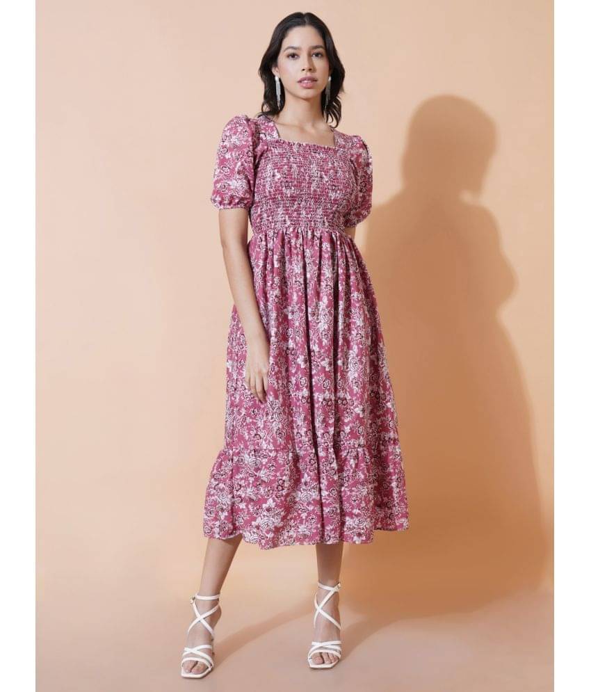 Krunal Raiyani Women Polyester Printed Fit & Flare Dress ( Pink ) Krunal Raiyani Women Polyester Printed Fit & Flare Dress ( Pink )
