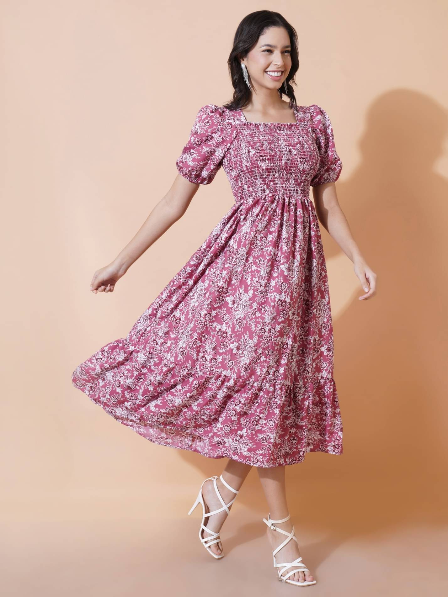 Krunal Raiyani Women Polyester Printed Fit & Flare Dress ( Pink ) Krunal Raiyani Women Polyester Printed Fit & Flare Dress ( Pink )