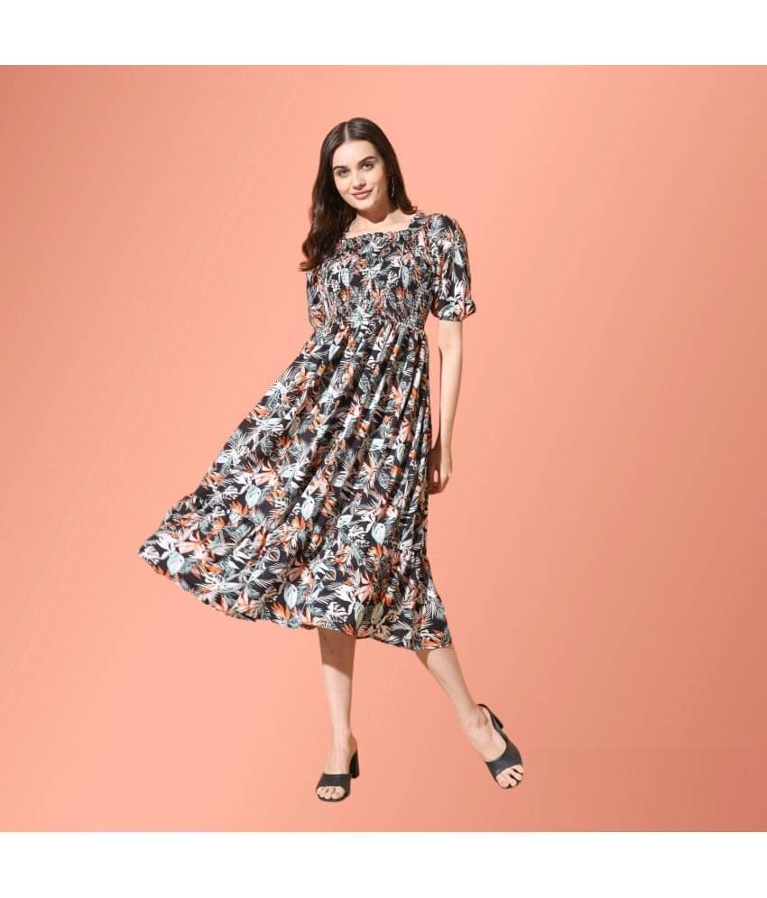 Krunal Raiyani Women Polyester Printed Fit & Flare Dress ( Black ) Krunal Raiyani Women Polyester Printed Fit & Flare Dress ( Black )