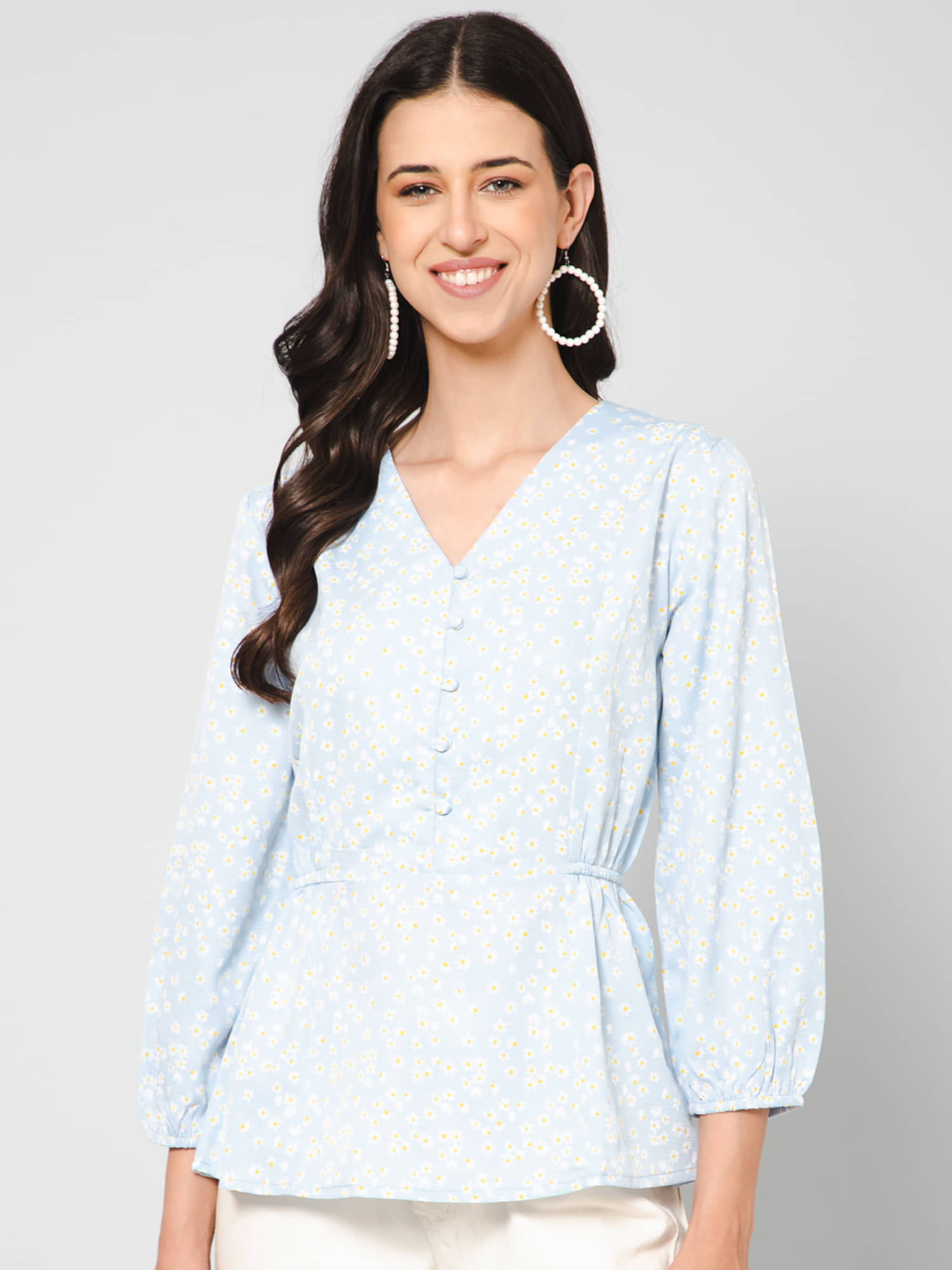 Purys Women's Crepe Peplum Top ( Blue )     			Purys Women's Crepe Peplum Top ( Blue )