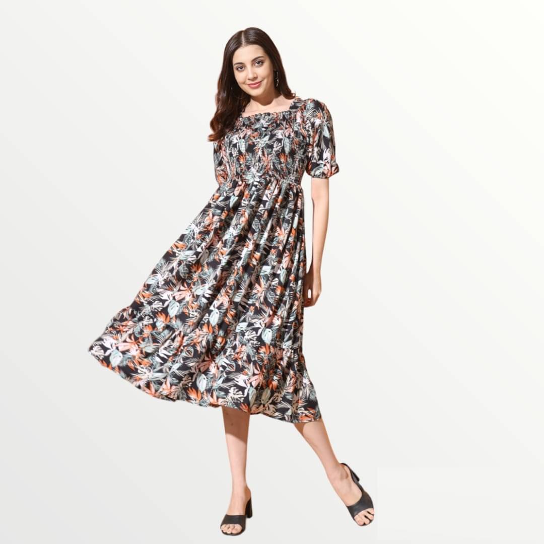 RAIYANI FASHION Women Polyester Printed Fit & Flare Dress ( Black ) RAIYANI FASHION Women Polyester Printed Fit & Flare Dress ( Black )