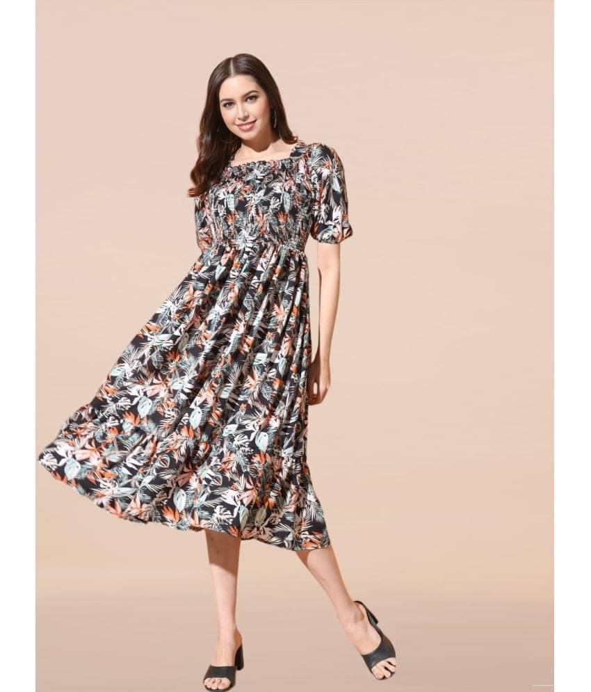 RAIYANI FASHION Women Polyester Printed Fit & Flare Dress ( Black ) RAIYANI FASHION Women Polyester Printed Fit & Flare Dress ( Black )
