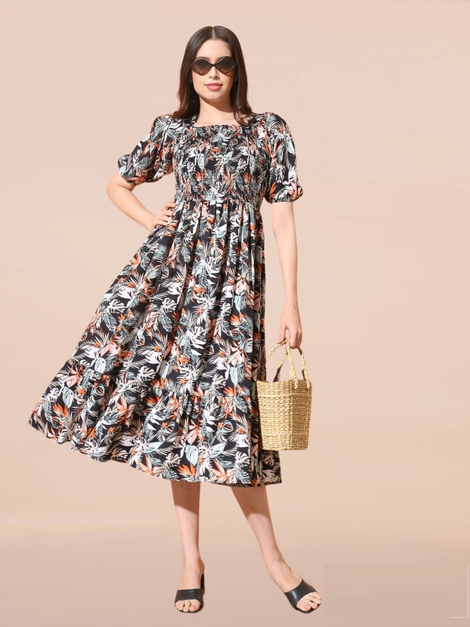 RAIYANI FASHION Women Polyester Printed Fit & Flare Dress ( Black )     			RAIYANI FASHION Women Polyester Printed Fit & Flare Dress ( Black )