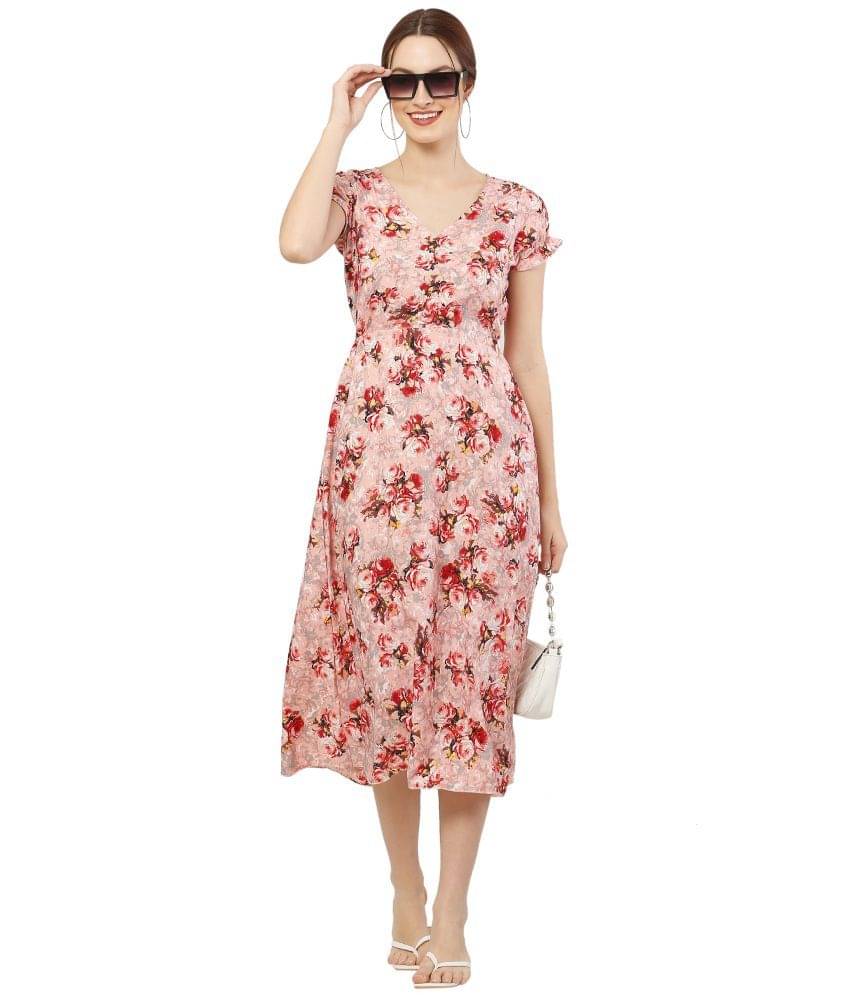 READYON Women Crepe Printed Fit & Flare Dress ( Pink ) READYON Women Crepe Printed Fit & Flare Dress ( Pink )