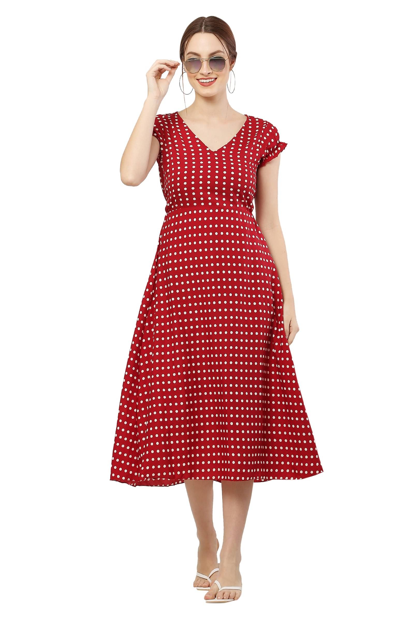 READYON Women Crepe Printed Fit & Flare Dress ( Maroon ) READYON Women Crepe Printed Fit & Flare Dress ( Maroon )
