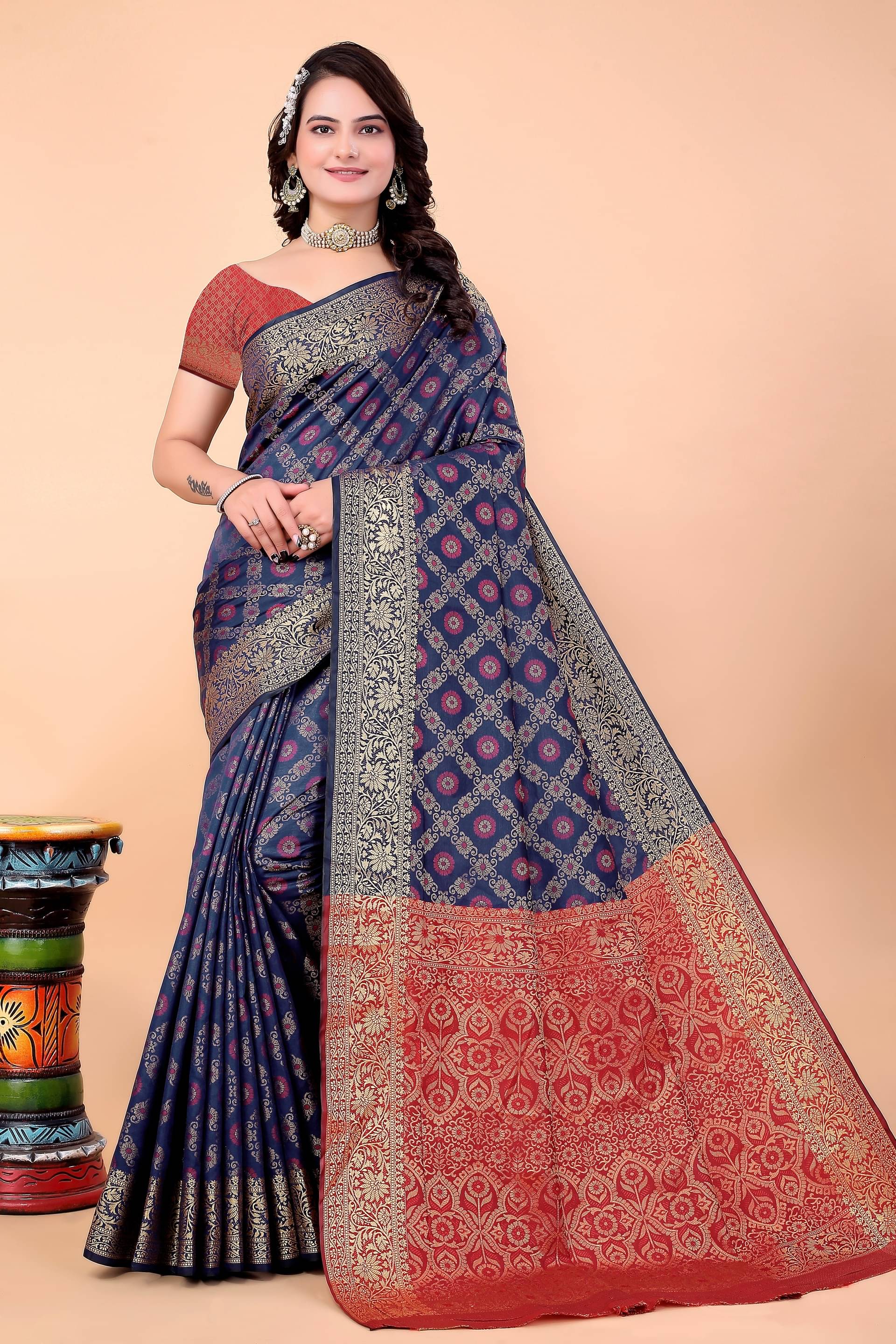     			Raj Vivah Silk Blend Embellished Saree With Unstitched Blouse Piece ( Navy Blue )