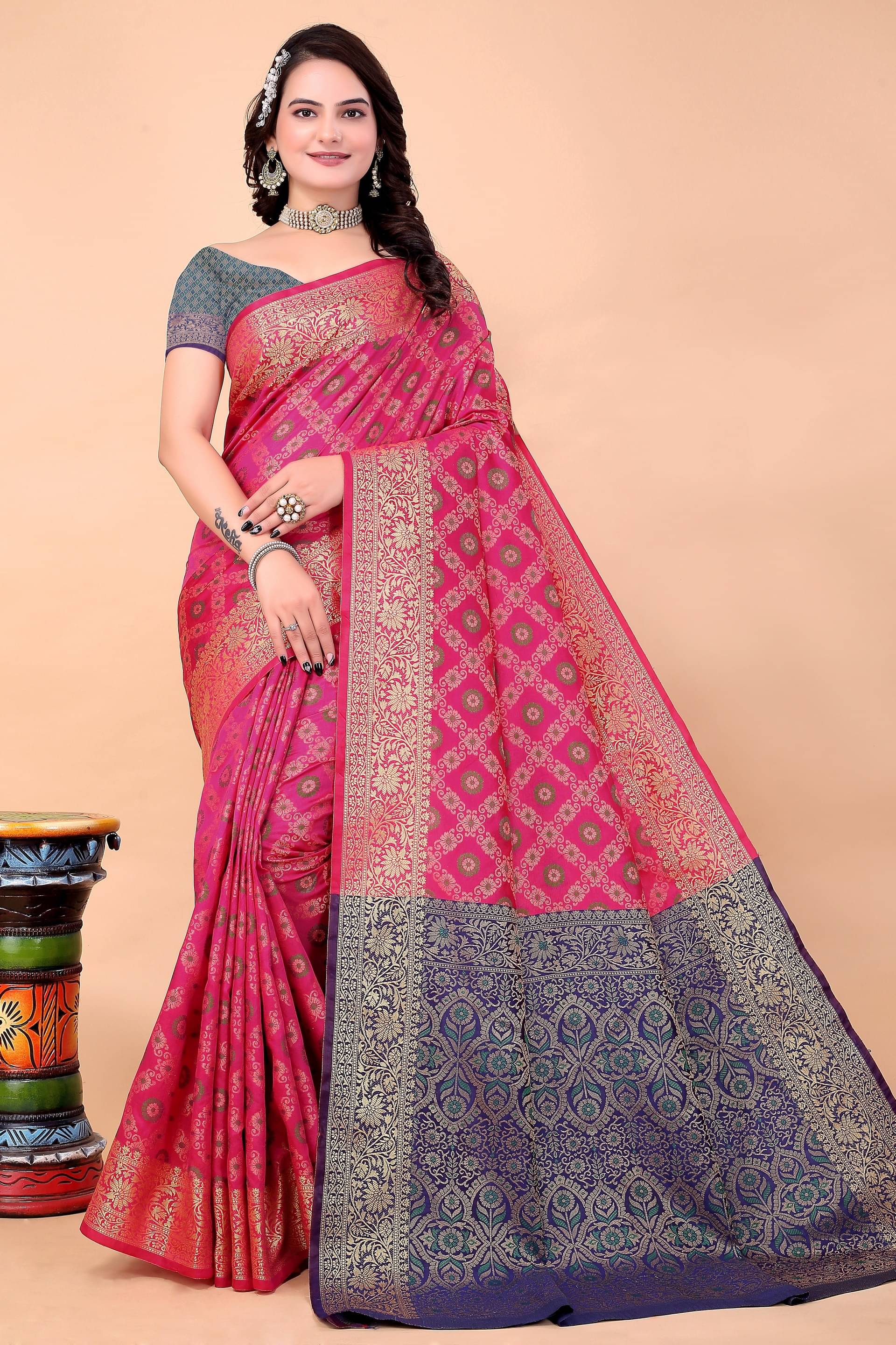 Raj Vivah Silk Blend Embellished Saree With Unstitched Blouse Piece ( Rani ) Raj Vivah Silk Blend Embellished Saree With Unstitched Blouse Piece ( Rani )