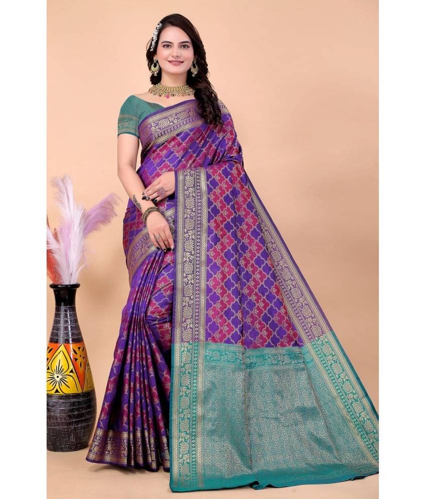     			Raj Vivah Silk Blend Embellished Saree With Unstitched Blouse Piece ( Purple )