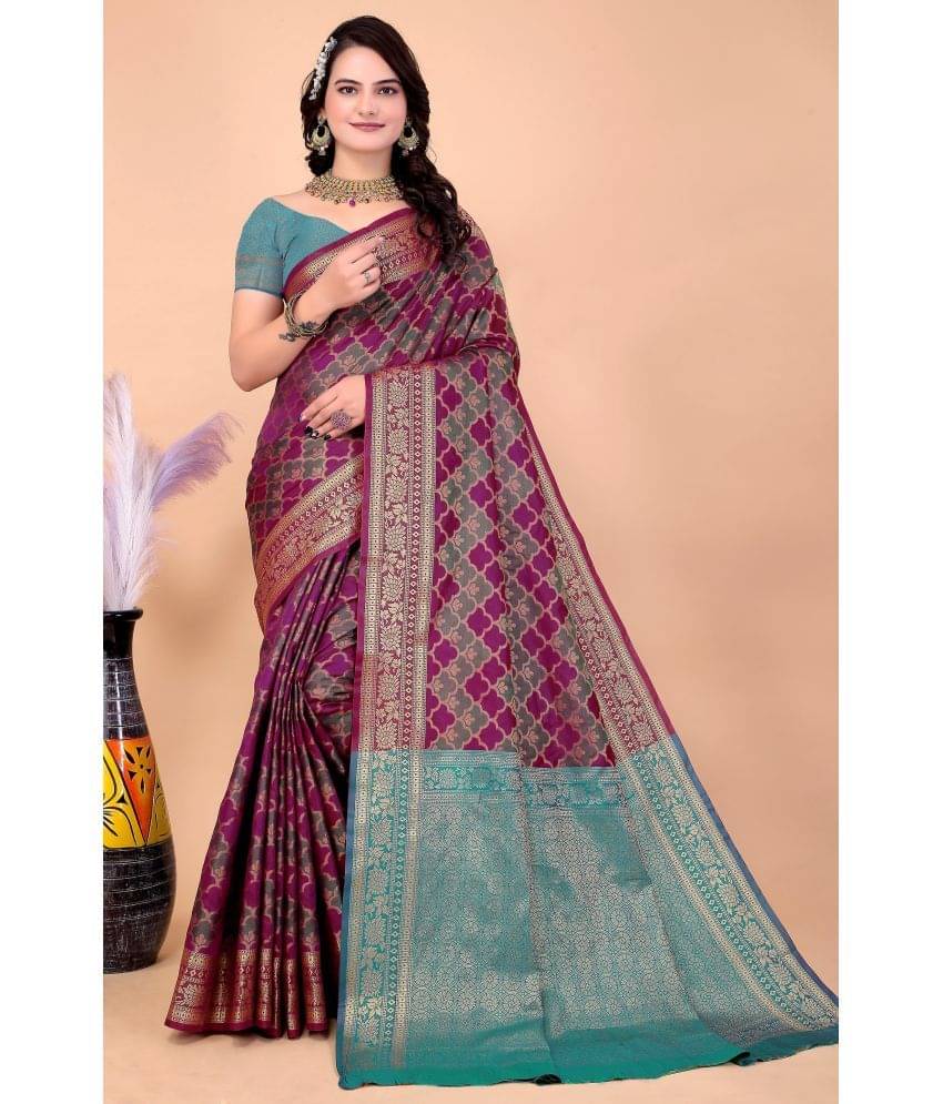     			Raj Vivah Silk Blend Embellished Saree With Unstitched Blouse Piece ( Wine )