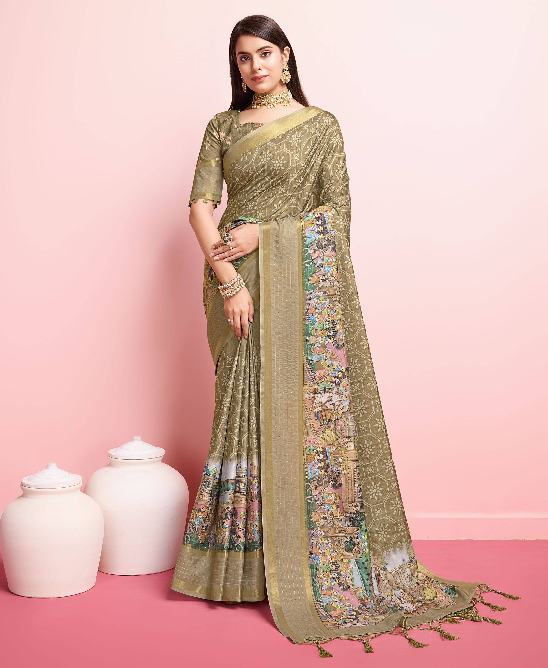Rekha Maniyar Silk Printed Saree With Unstitched Blouse Piece ( Olive ) Rekha Maniyar Silk Printed Saree With Unstitched Blouse Piece ( Olive )