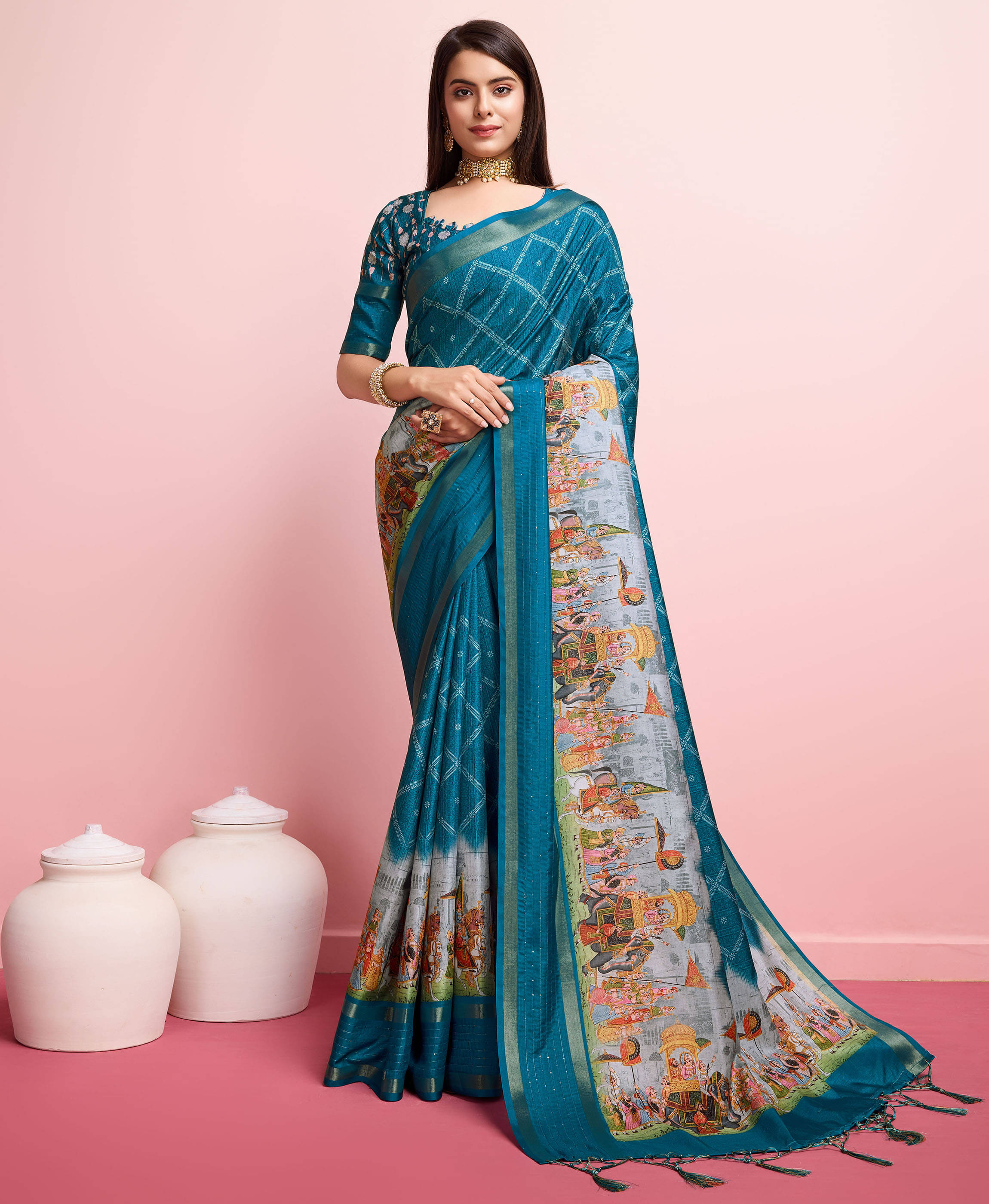     			Rekha Maniyar Silk Printed Saree With Unstitched Blouse Piece ( Teal )
