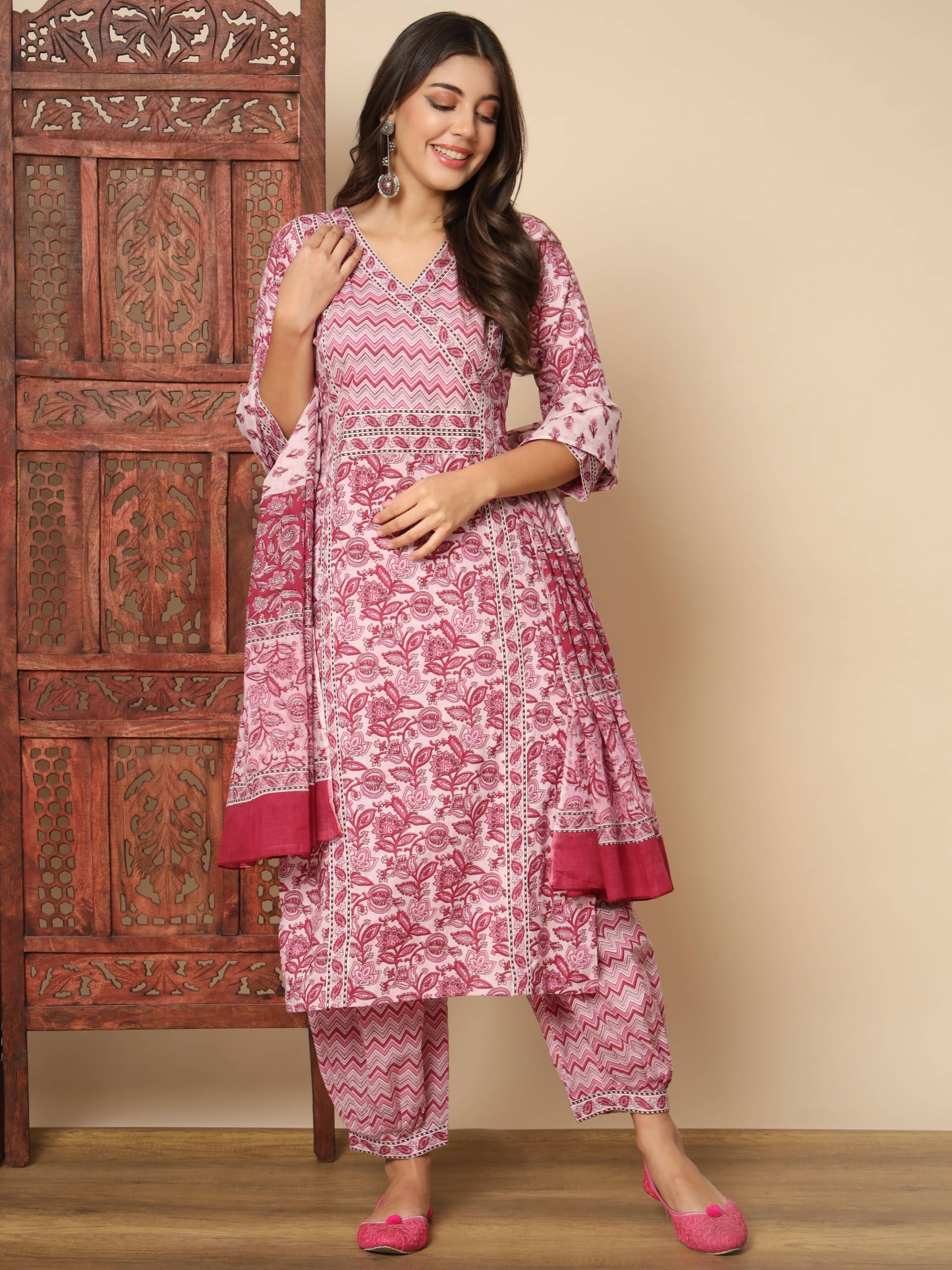 Vbuyz Cotton Printed Kurti With Pants Women's Stitched Salwar Suit - Pink ( Pack of 1 )
