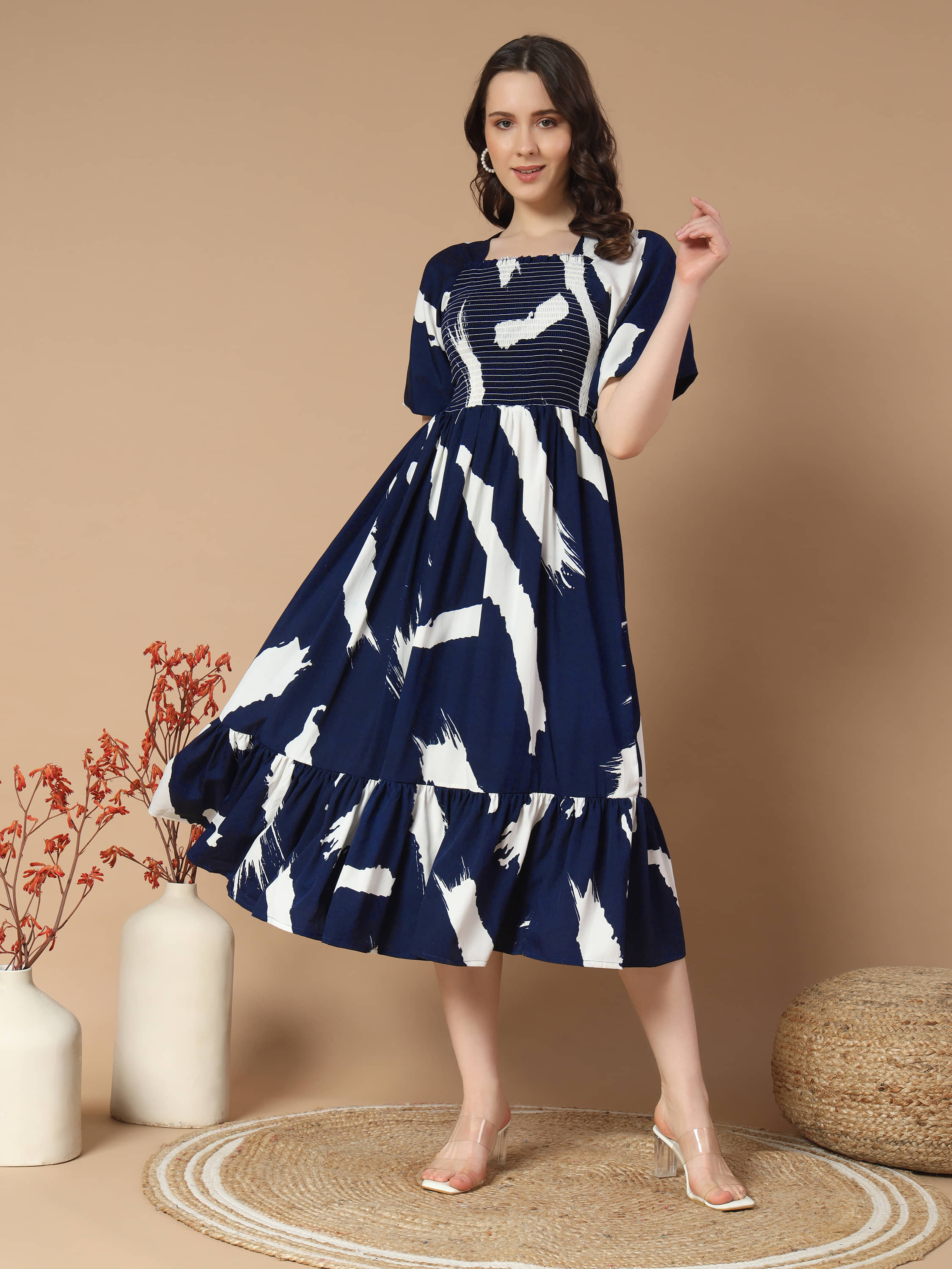 ZWERLON Women Crepe Printed Fit & Flare Dress ( Coffee )
