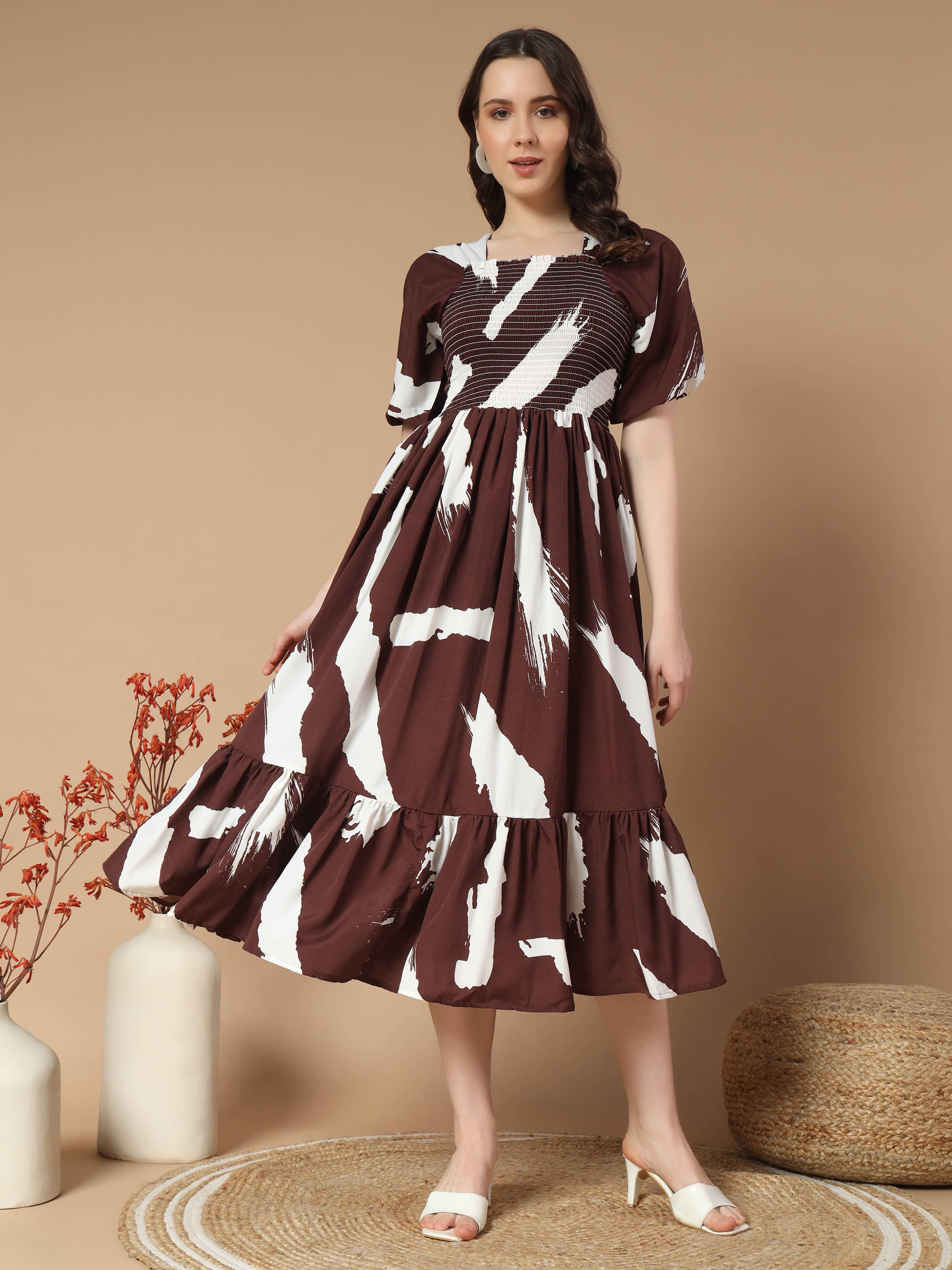     			ZWERLON Women Crepe Printed Fit & Flare Dress ( Coffee )