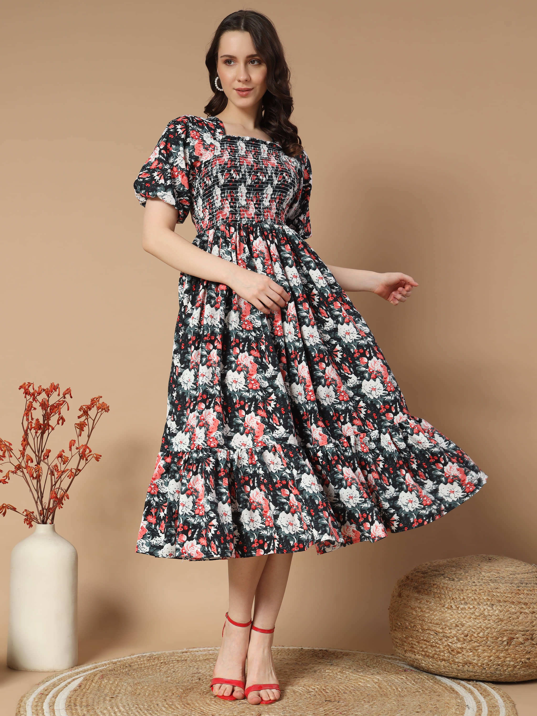 ZWERLON Women Crepe Printed Fit & Flare Dress ( Cream )