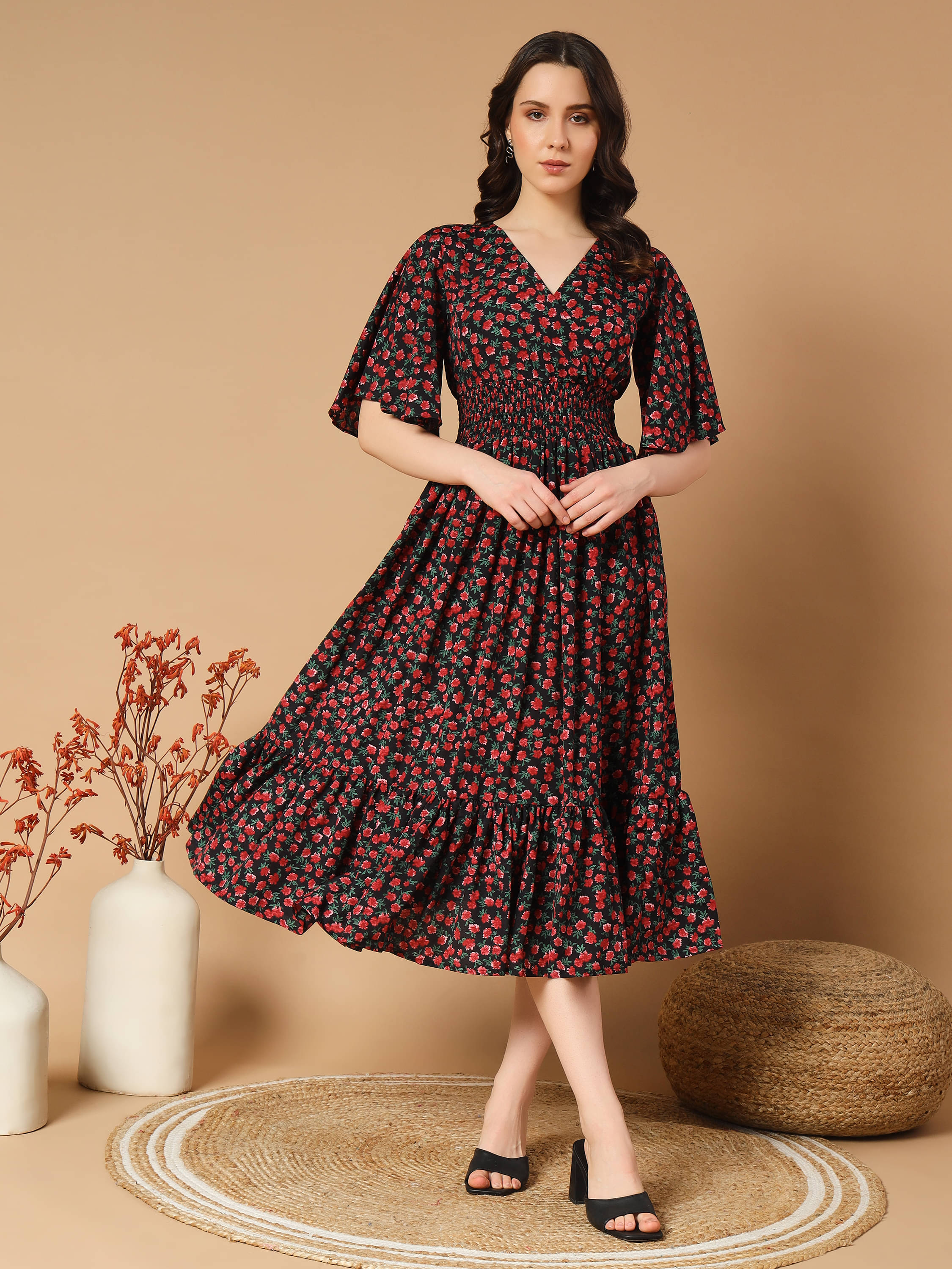 ZWERLON Women Crepe Printed Fit & Flare Dress ( Red ) ZWERLON Women Crepe Printed Fit & Flare Dress ( Red )
