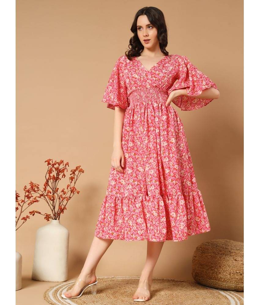     			ZWERLON Women Crepe Printed Fit & Flare Dress ( Pink )