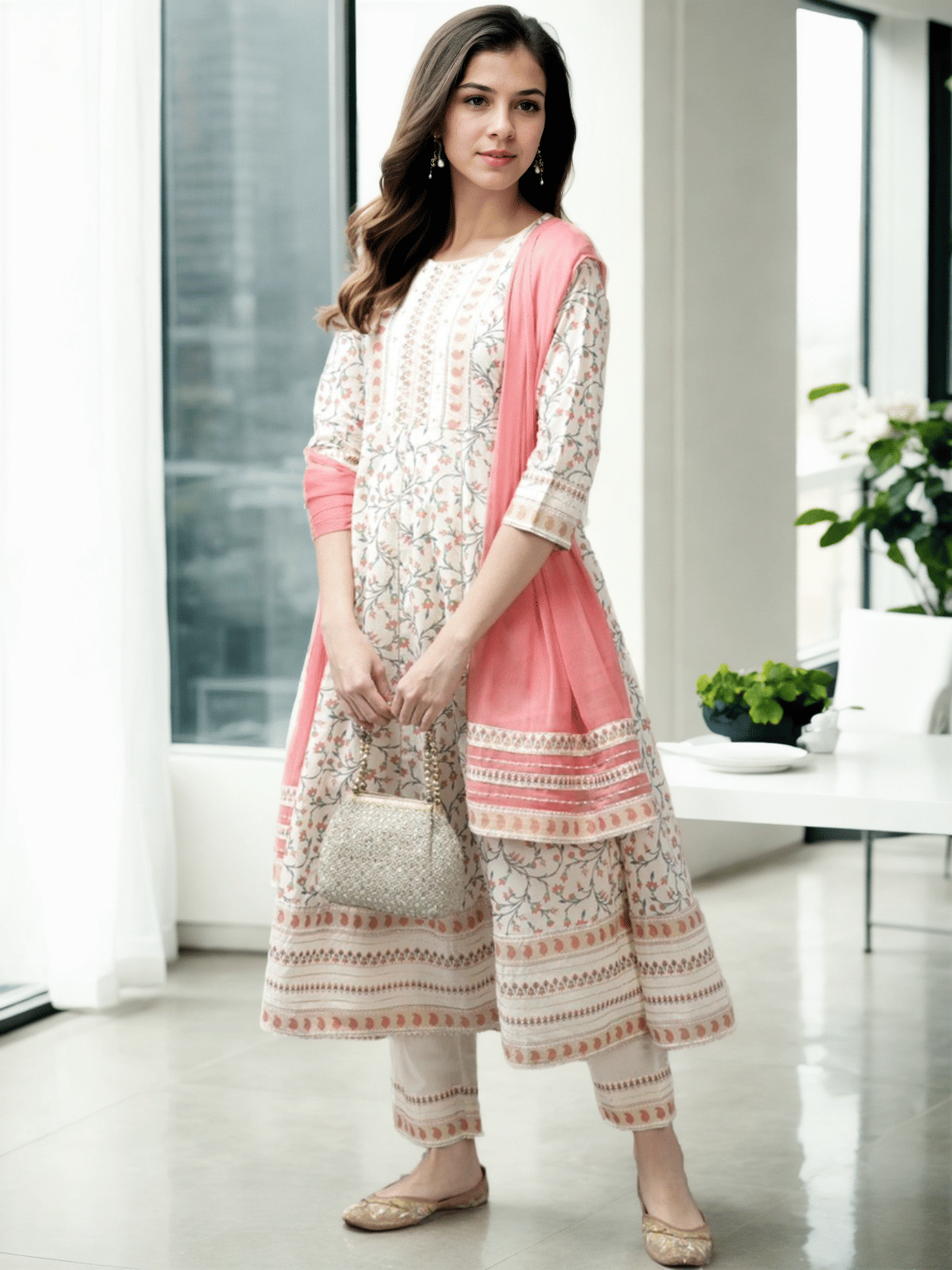 AMIRA'S INDIAN ETHNICWEAR Cotton Printed Kurti With Pants Women's Stitched Salwar Suit - Cream ( Pack of 1 )