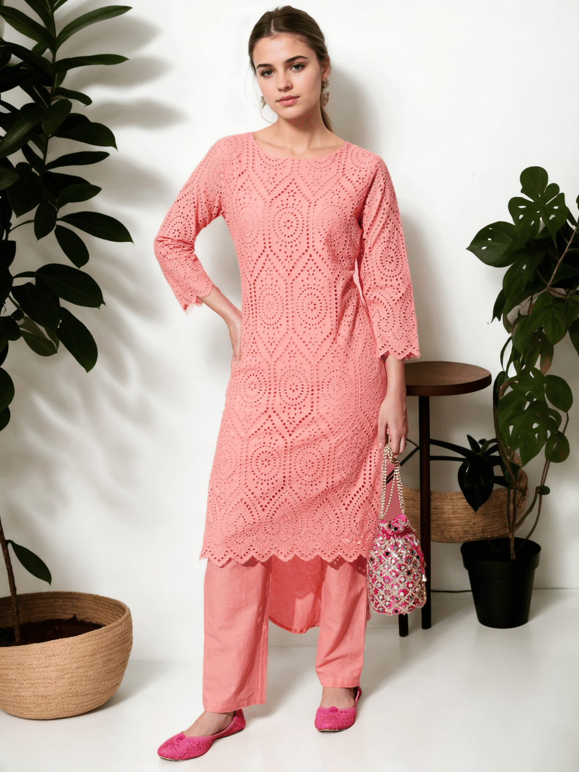 AMIRA'S INDIAN ETHNICWEAR Cotton Embroidered Kurti With Pants Women's Stitched Salwar Suit - Peach ( Pack of 1 )