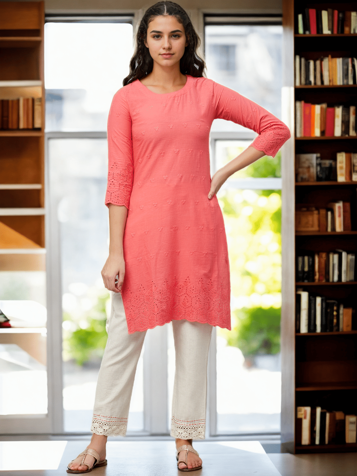 AMIRA'S INDIAN ETHNICWEAR Cotton Embroidered Straight Women's Kurti - Peach ( Pack of 1 ) - Kurtis, Tunics | Buy online on ZillyBuy
