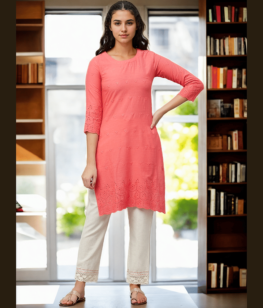 AMIRA'S INDIAN ETHNICWEAR Cotton Embroidered Straight Women's Kurti - Peach ( Pack of 1 ) - Kurtis, Tunics | Buy online on ZillyBuy