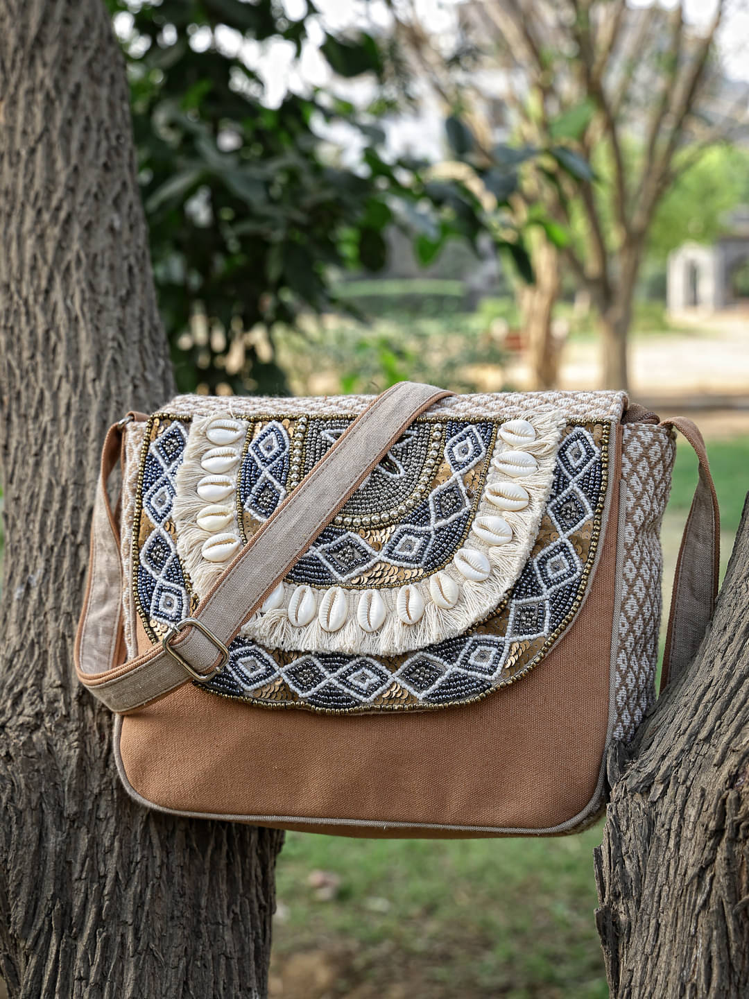     			Anekaant Camel Cotton Sling Bag