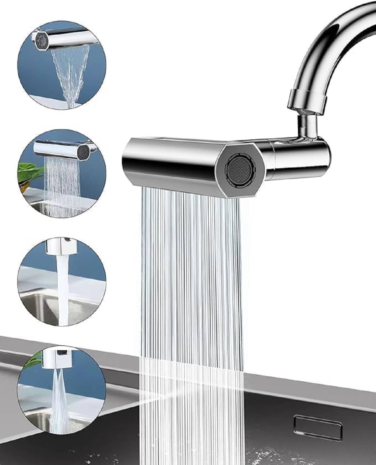 Eighteen Enterprise  New 4-in-1 360° Rainfall Kitchen Sink Faucet with Waterfall Feature and Faucet Extender - Swivel Faucet for Washing Vegetables and Fruits | Lightweight, Rain Mode, Strong Sprayer Shower.