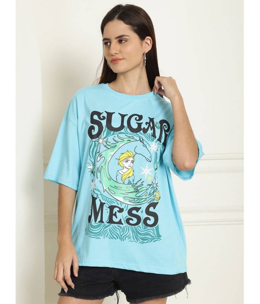 Fabflee Women Cotton Blend Printed Oversized Fit Round Neck T-Shirt ( Light Blue )     			Fabflee Women Cotton Blend Printed Oversized Fit Round Neck T-Shirt ( Light Blue )