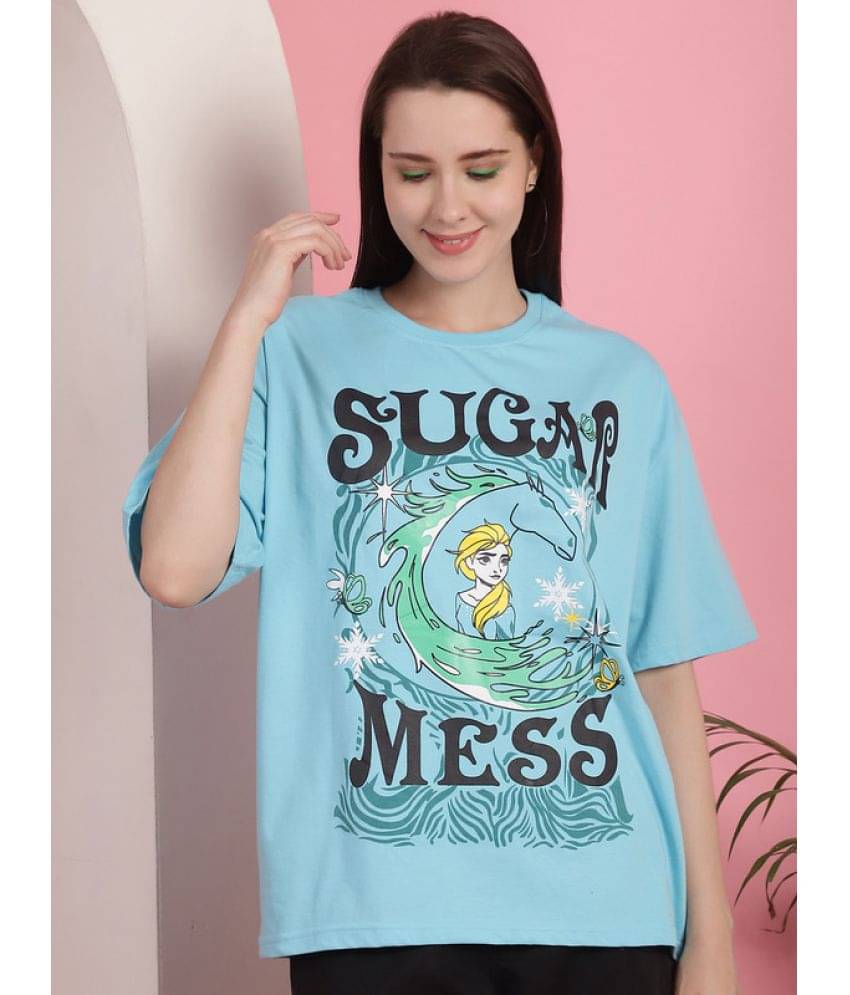     			Fabflee Women Cotton Printed Oversized Fit Round Neck T-Shirt ( Light Blue )