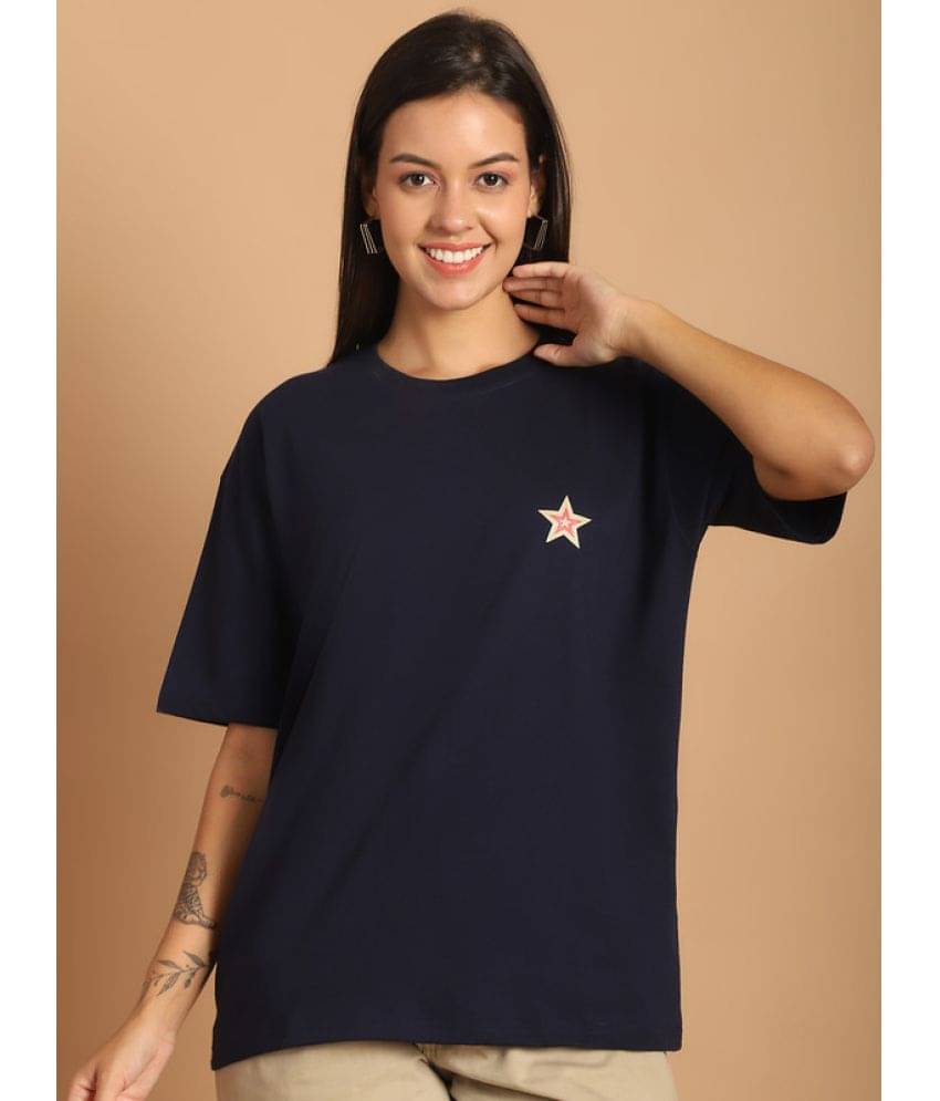     			Fabflee Women Cotton Printed Oversized Fit Round Neck T-Shirt ( Navy Blue )