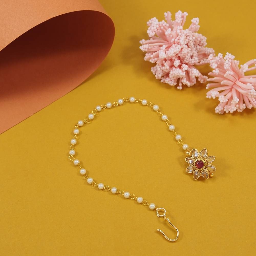     			Kundan Studded Gold Plated Non Pierced Nose Ring with Pearl Chain