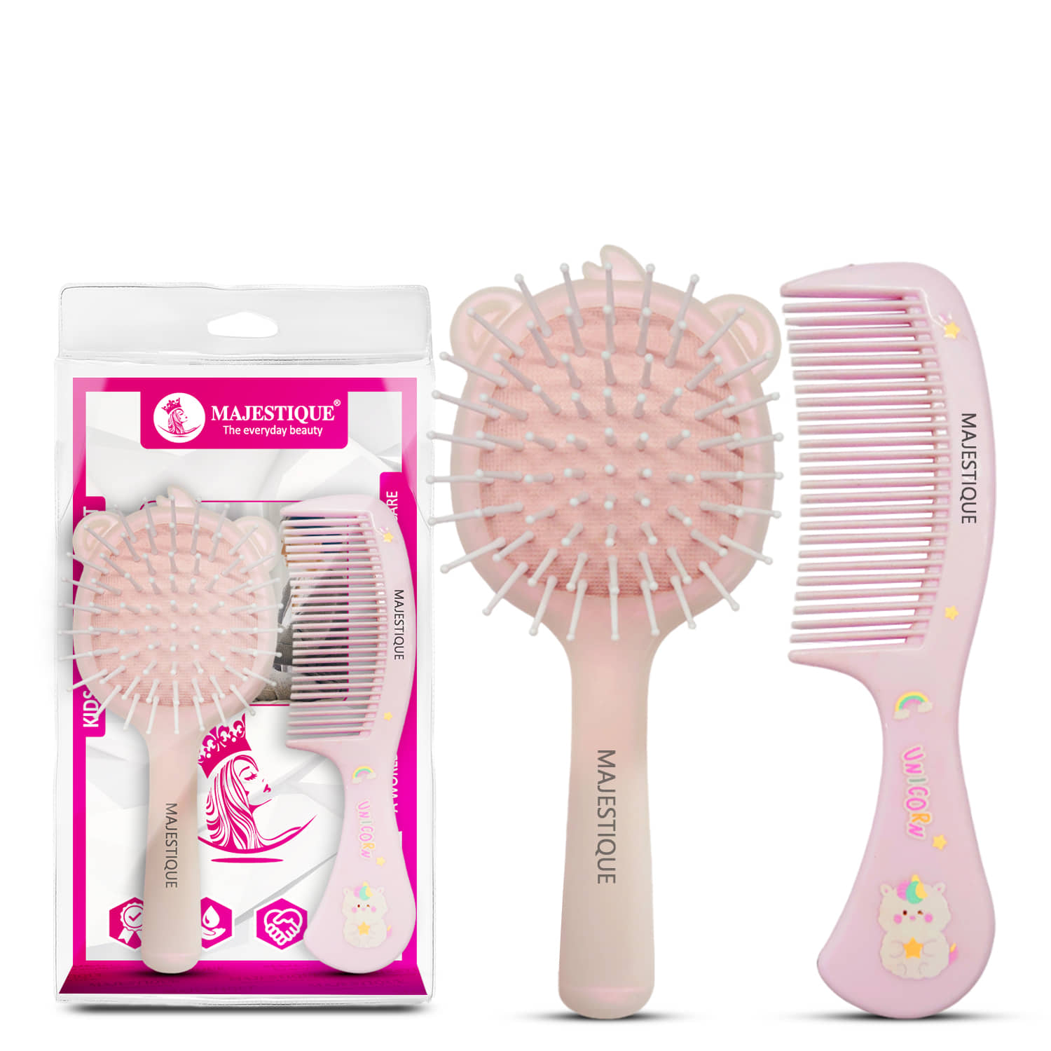 Majestique Kids Hair Grooming Set, Soft Scalp Massage Detangling Brush and Comb - 2Pcs/Multicolor
