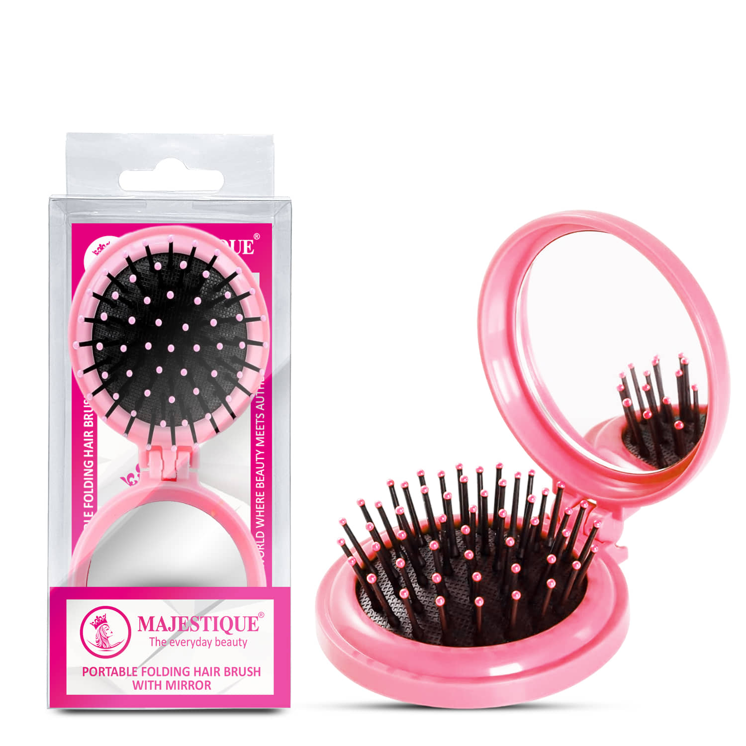 Majestique Portable Folding Hair Brush with Mirror, Cute Pocket-Sized Accessories - 1Pc/Multicolor