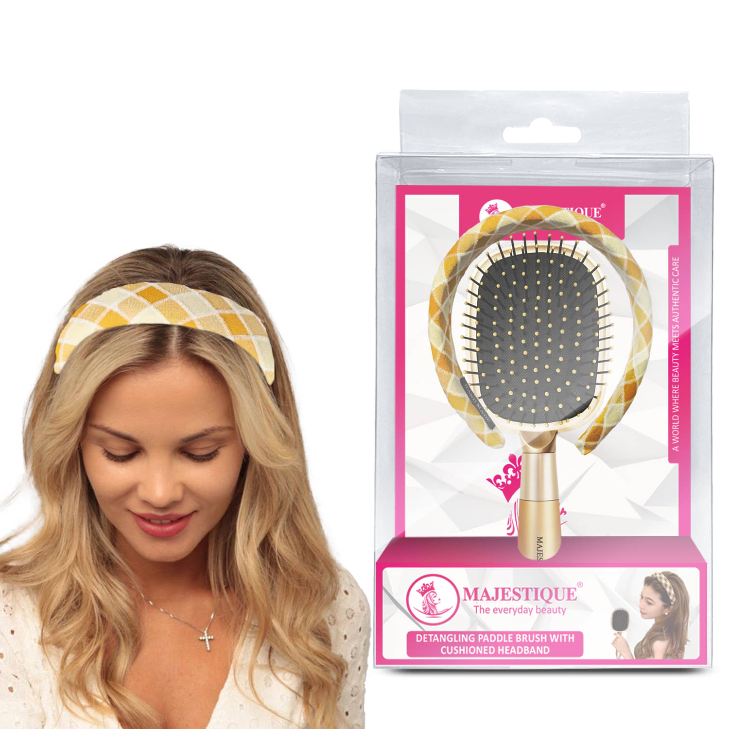 Majestique Detangling Paddle Hair Brush with Cushioned Headband for Women/Girls - 2Pcs/Multicolor Majestique Detangling Paddle Hair Brush with Cushioned Headband for Women/Girls - 2Pcs/Multicolor