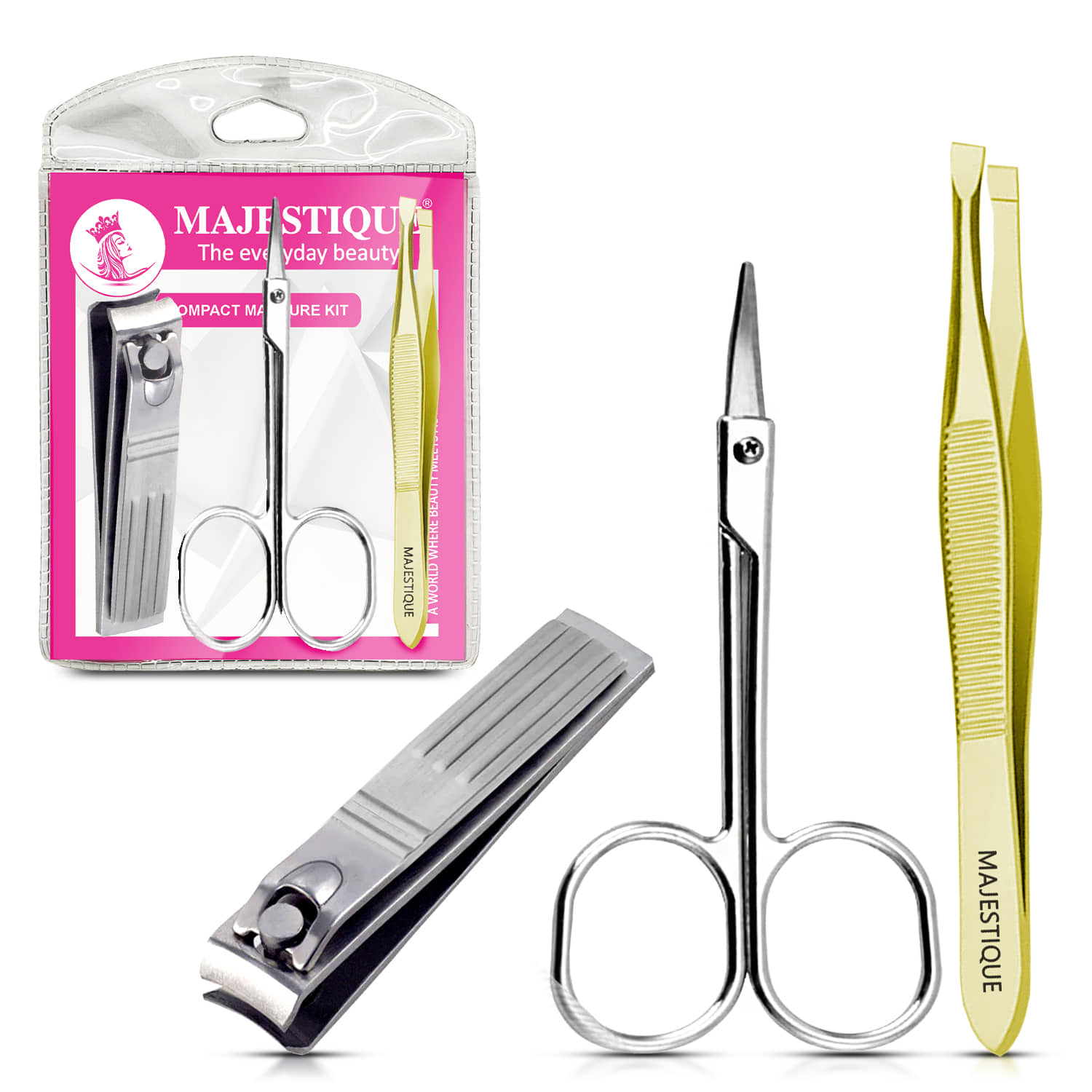 Majestique Compact Manicure Kit Grooming Tools Scissors Slanted Plucker Nail File - Multicolor