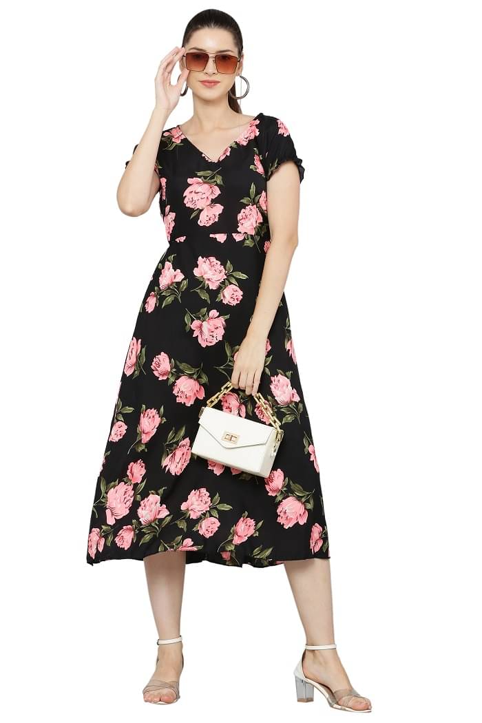     			READYON Women Crepe Printed Fit & Flare Dress ( Black )