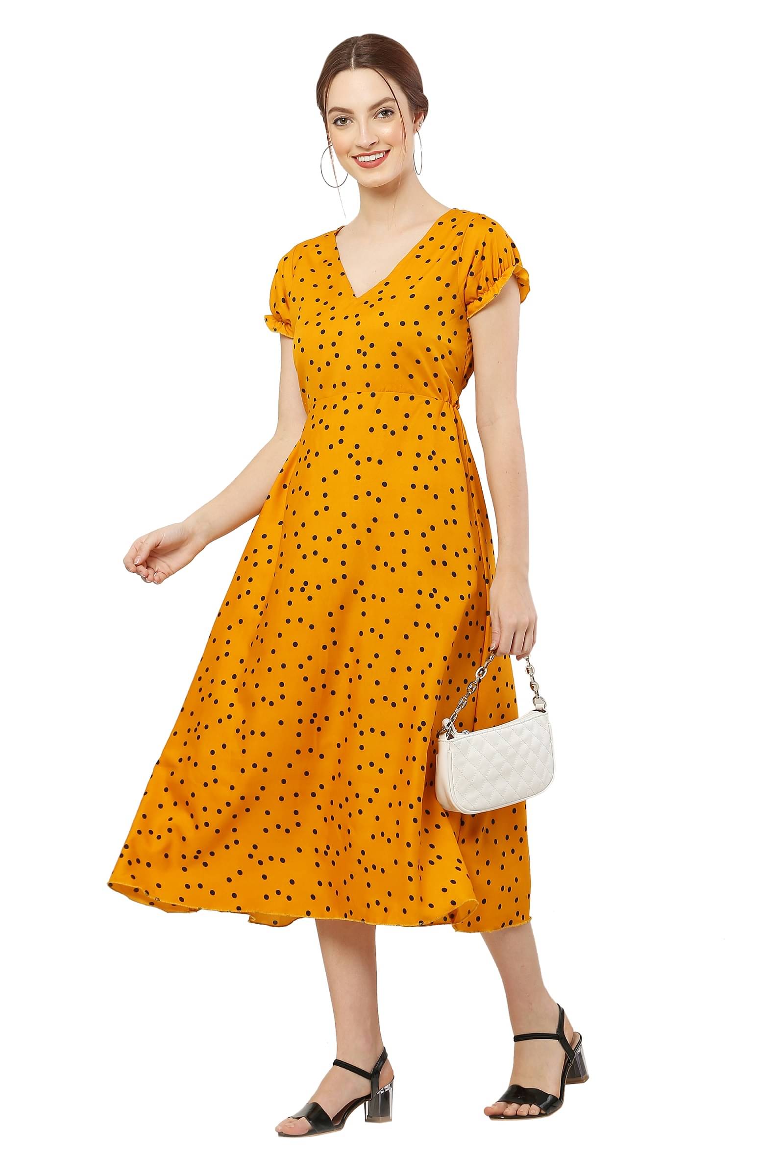 READYON Women Crepe Printed Fit & Flare Dress ( Mustard ) READYON Women Crepe Printed Fit & Flare Dress ( Mustard )