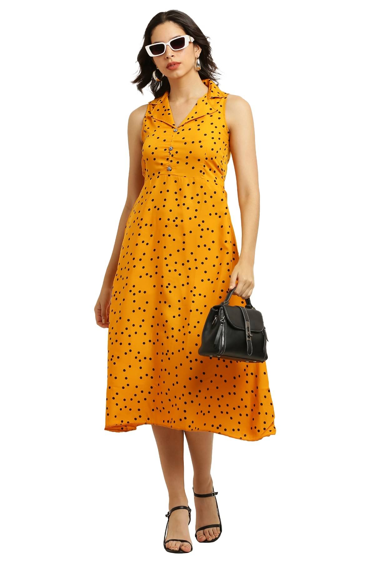     			READYON Women Crepe Printed Fit & Flare Dress ( Mustard )