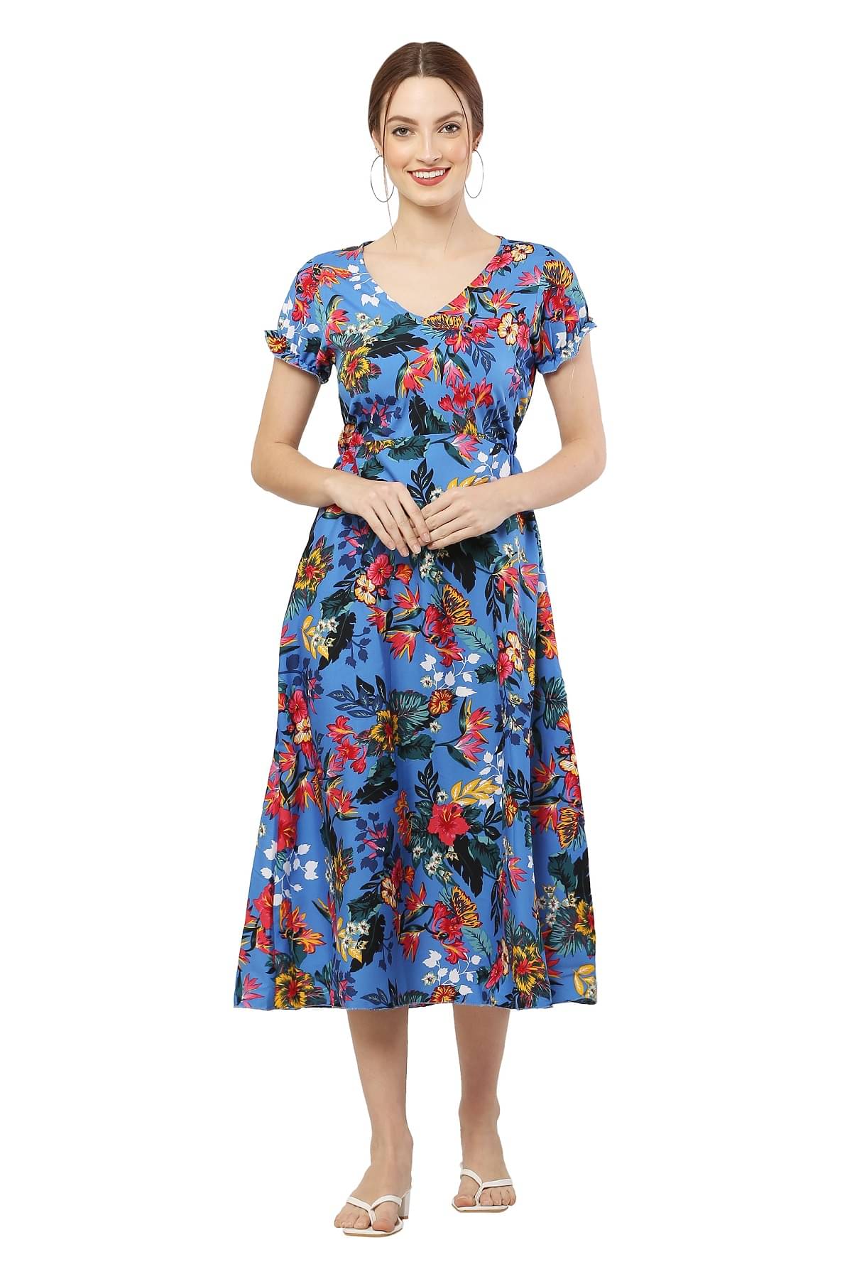 READYON Women Crepe Printed Fit & Flare Dress ( Blue ) READYON Women Crepe Printed Fit & Flare Dress ( Blue )