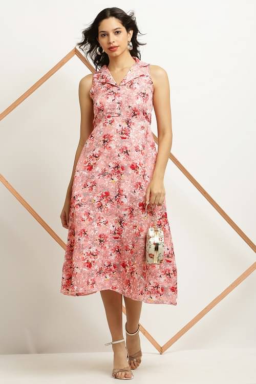     			READYON Women Crepe Printed Fit & Flare Dress ( Pink )