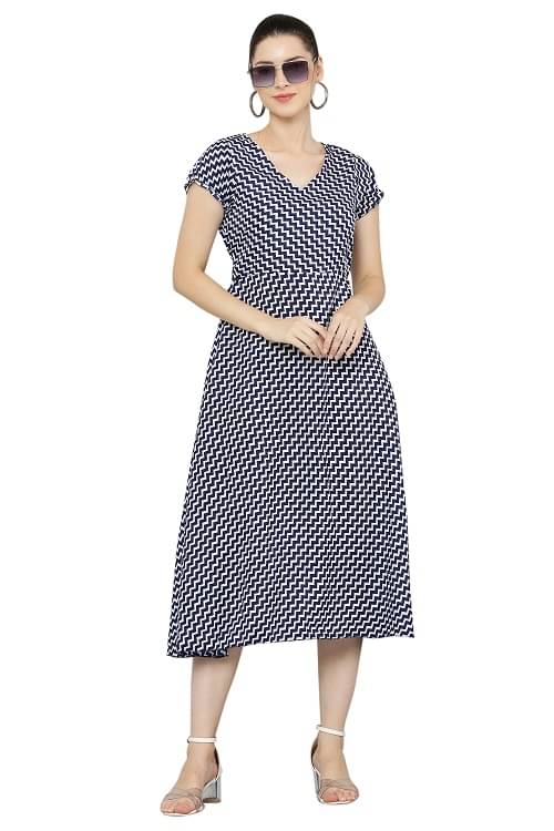     			READYON Crepe Striped Midi Women's Fit & Flare Dress - White ( Pack of 1 )