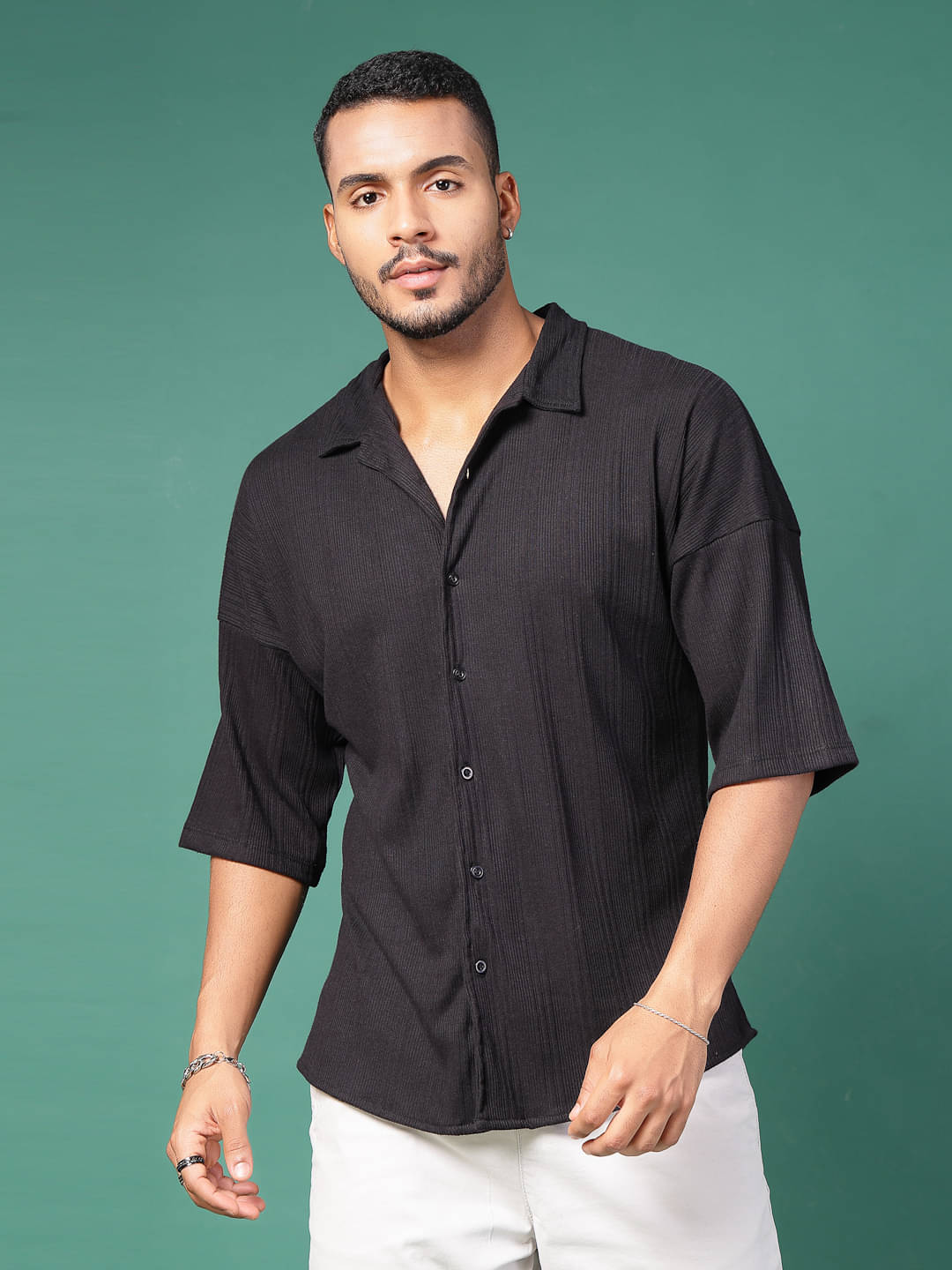     			Rigo 100% Cotton Oversized Fit Striped Half Sleeves Men's Casual Shirt - Black ( Pack of 1 )