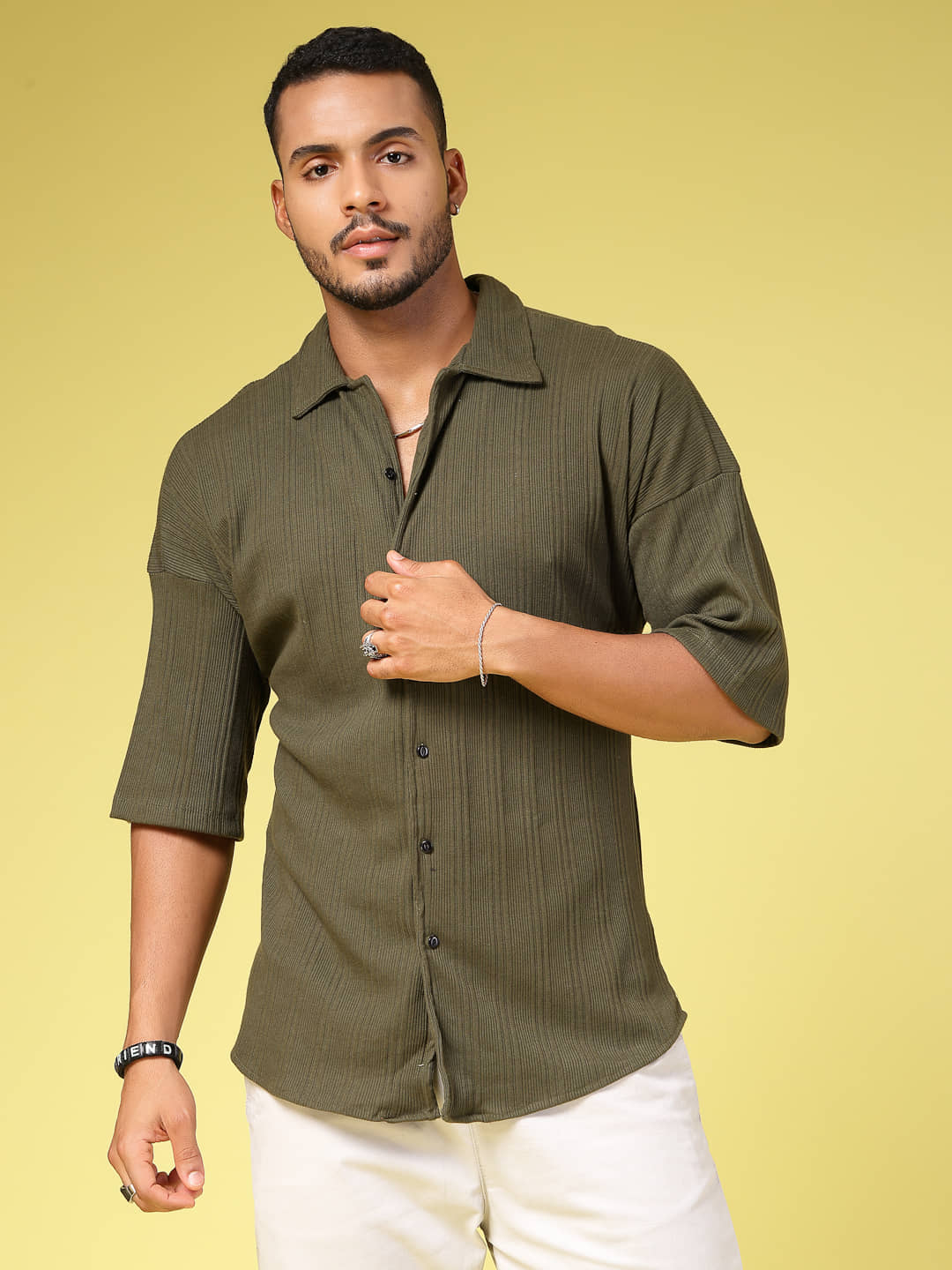 Rigo 100% Cotton Oversized Fit Striped Half Sleeves Men's Casual Shirt - Olive ( Pack of 1 )